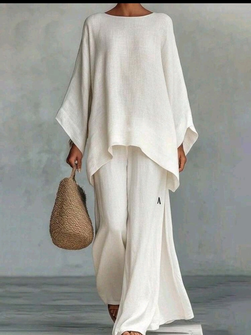 Elegant Cream Wide-Leg Pants & Tunic Set - Relaxed Women's Ensemble